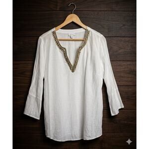 J. Jill Large L White Love Linen Tunic Top Embellished Beach Coastal Resort Chic